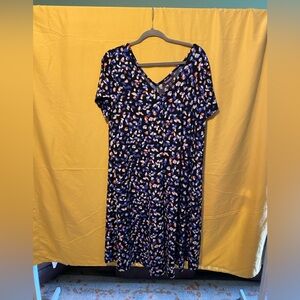 Roaman's Navy V-Neck Short Sleeve Maxi Dress with Blue, White & Coral Print